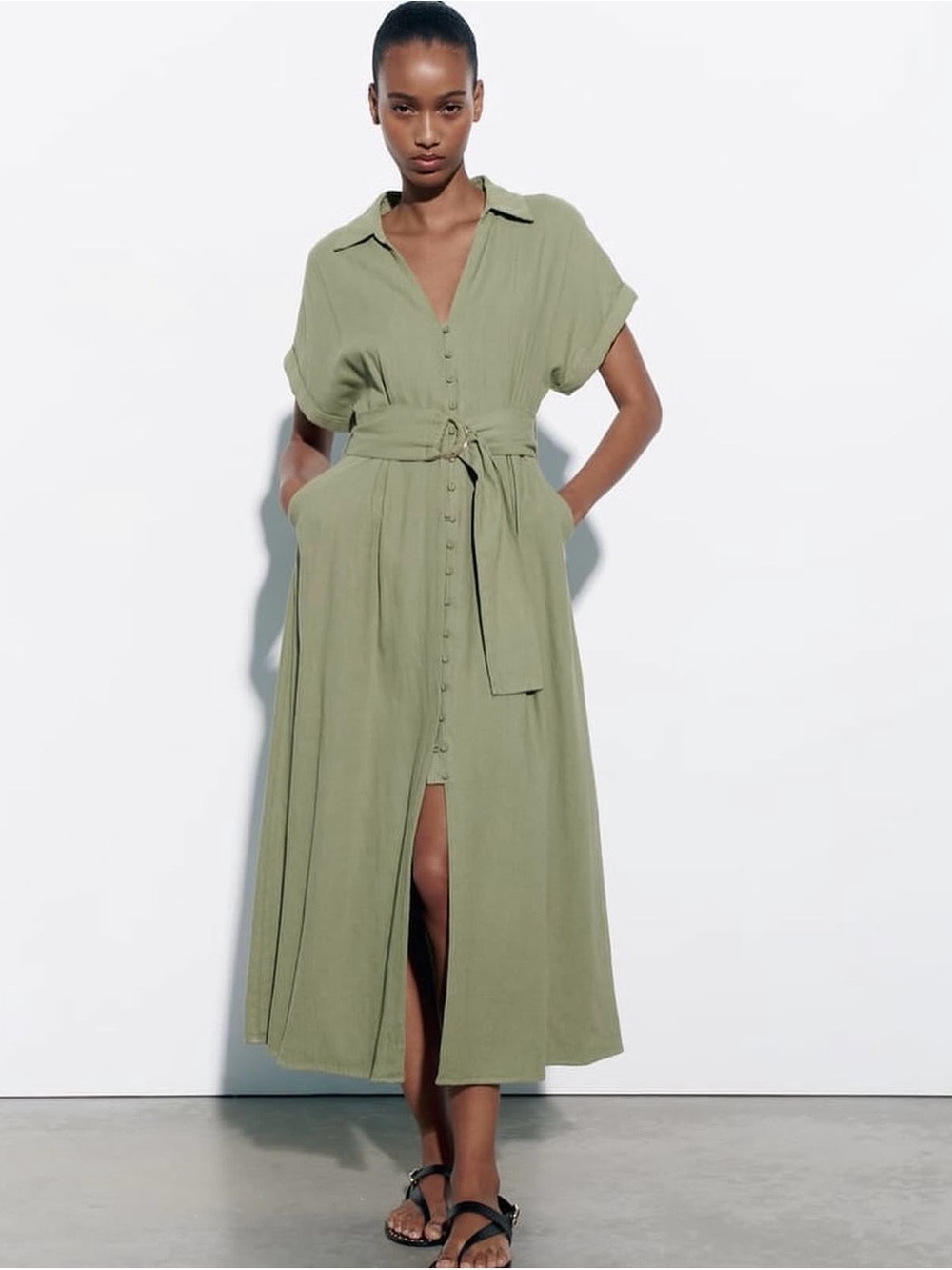 ZARA - Belted Linen Blend Midi Dress Size XS